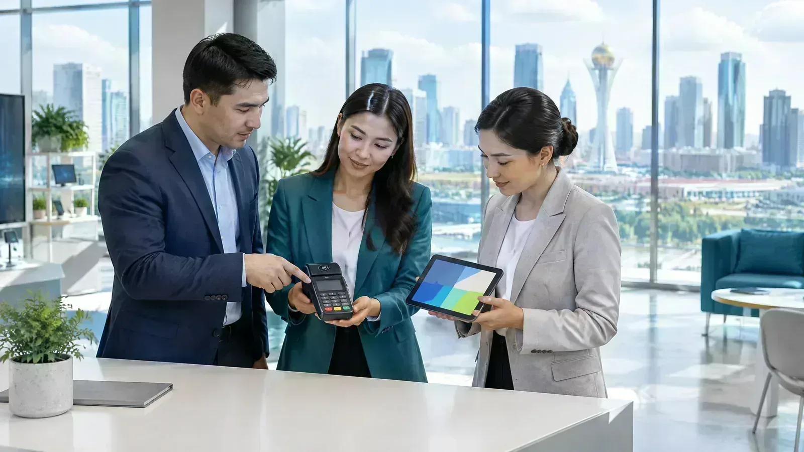 Central Asian fintech professionals demonstrate a contactless payment terminal and supervisory-technology tablet.