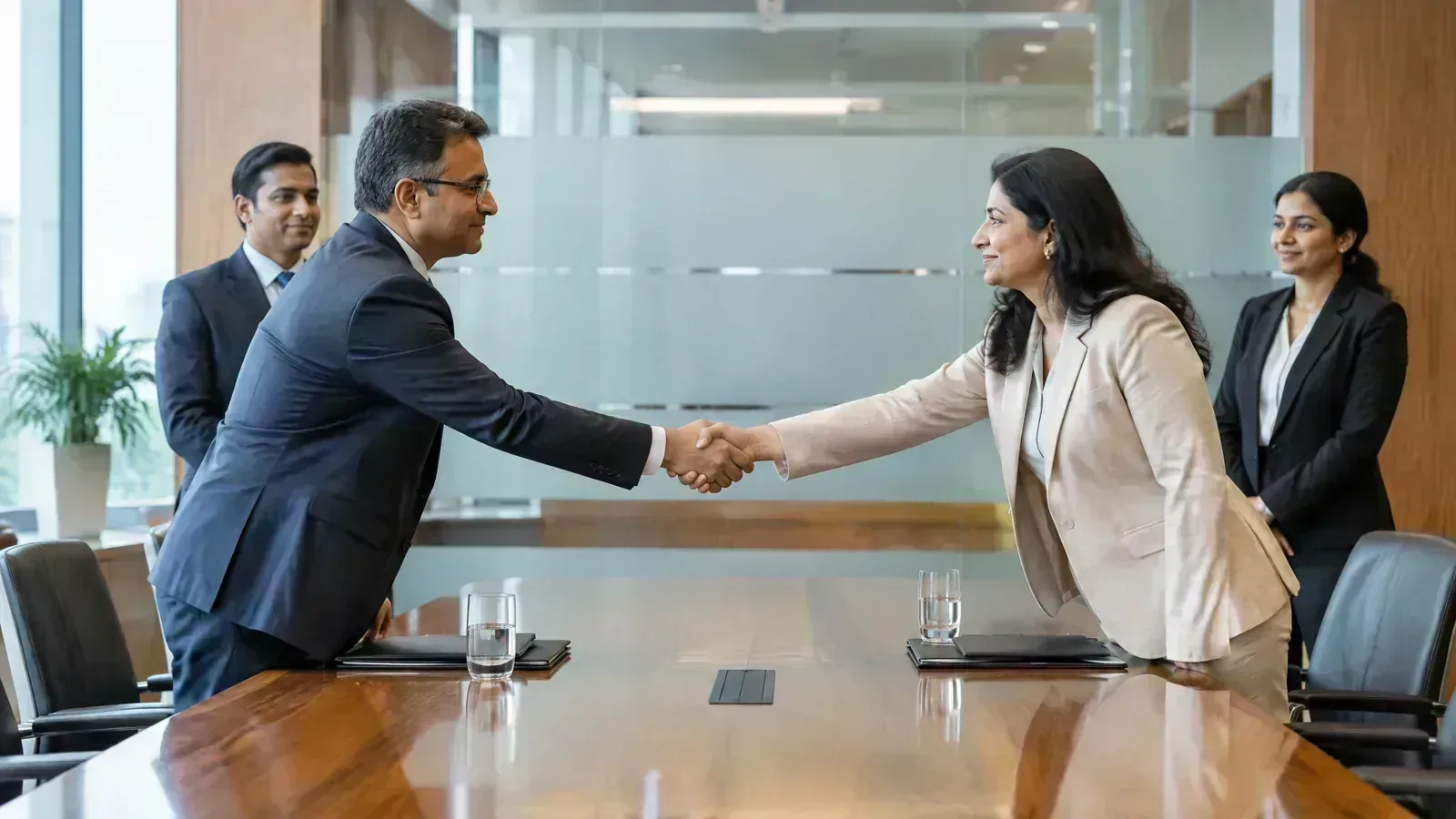 Financial-services executives shake hands in a modern regulatory meeting room.