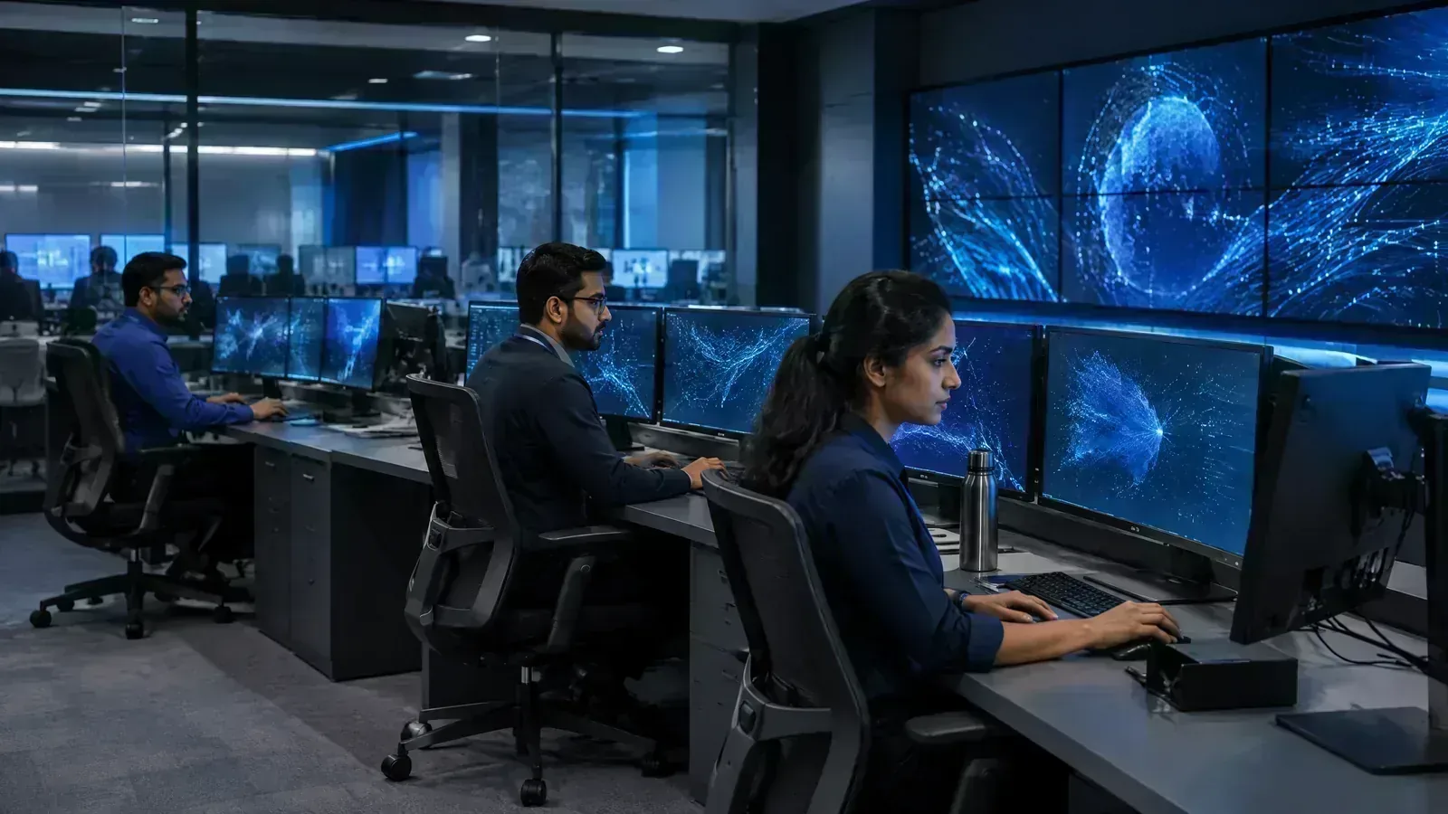 Indian financial-security analysts monitor market-infrastructure systems in a cybersecurity operations centre.