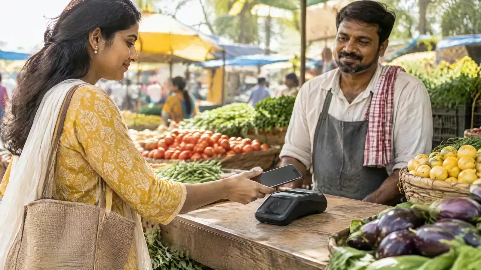 A customer taps an unbranded smartphone near a payment terminal at an Indian market stall.